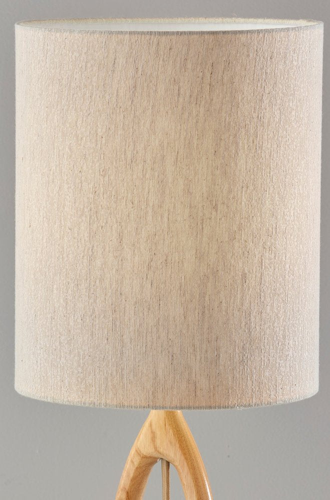 Natural Wood Round Table Lamp with Beige Drum Shade