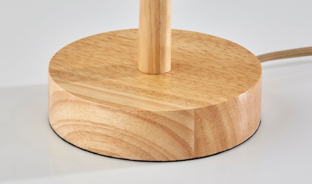 Natural Wood Round Table Lamp with Beige Drum Shade