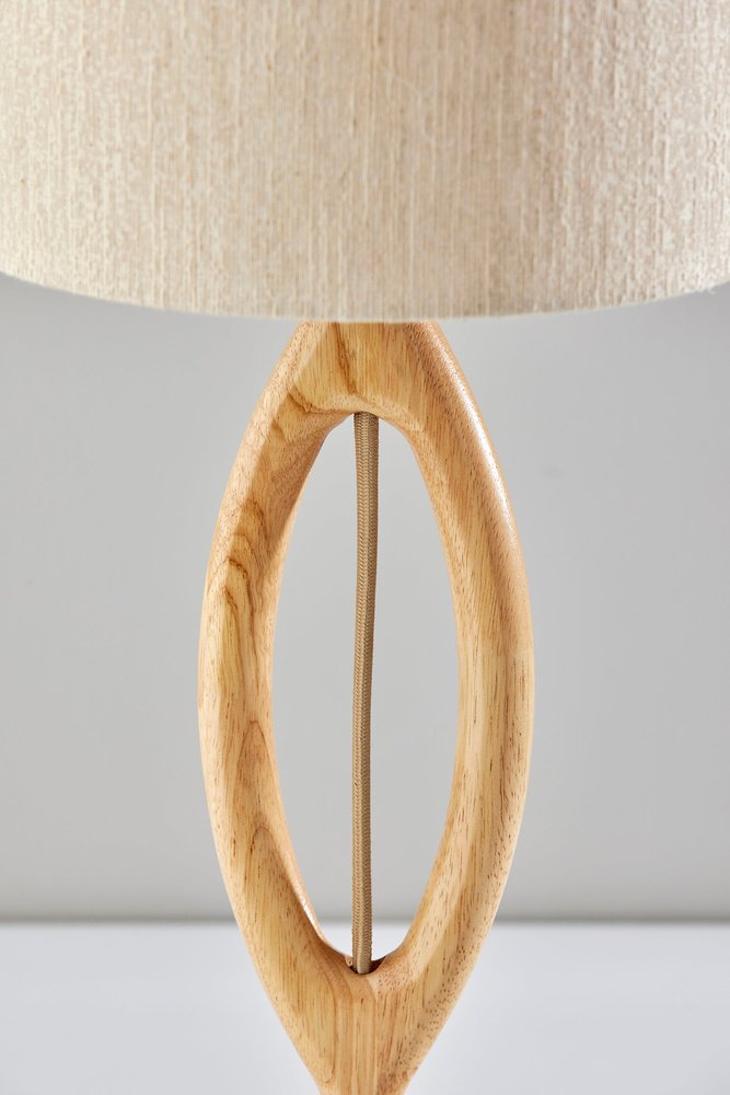 Natural Wood Round Table Lamp with Beige Drum Shade