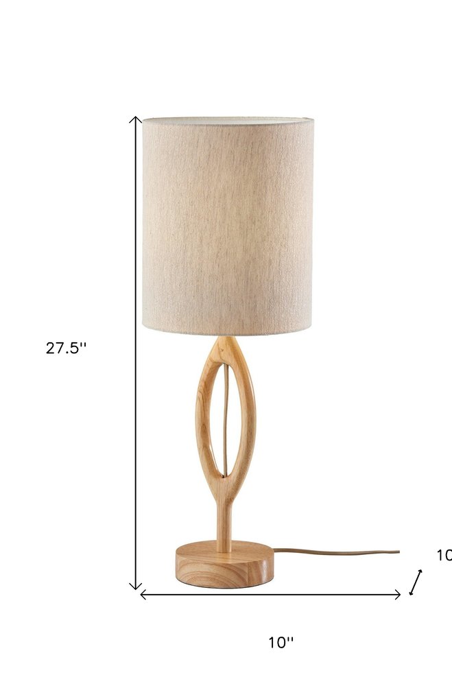 Natural Wood Round Table Lamp with Beige Drum Shade