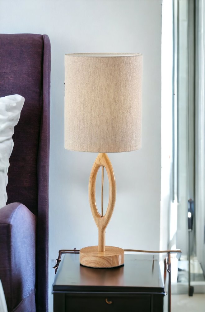 Natural Wood Round Table Lamp with Beige Drum Shade