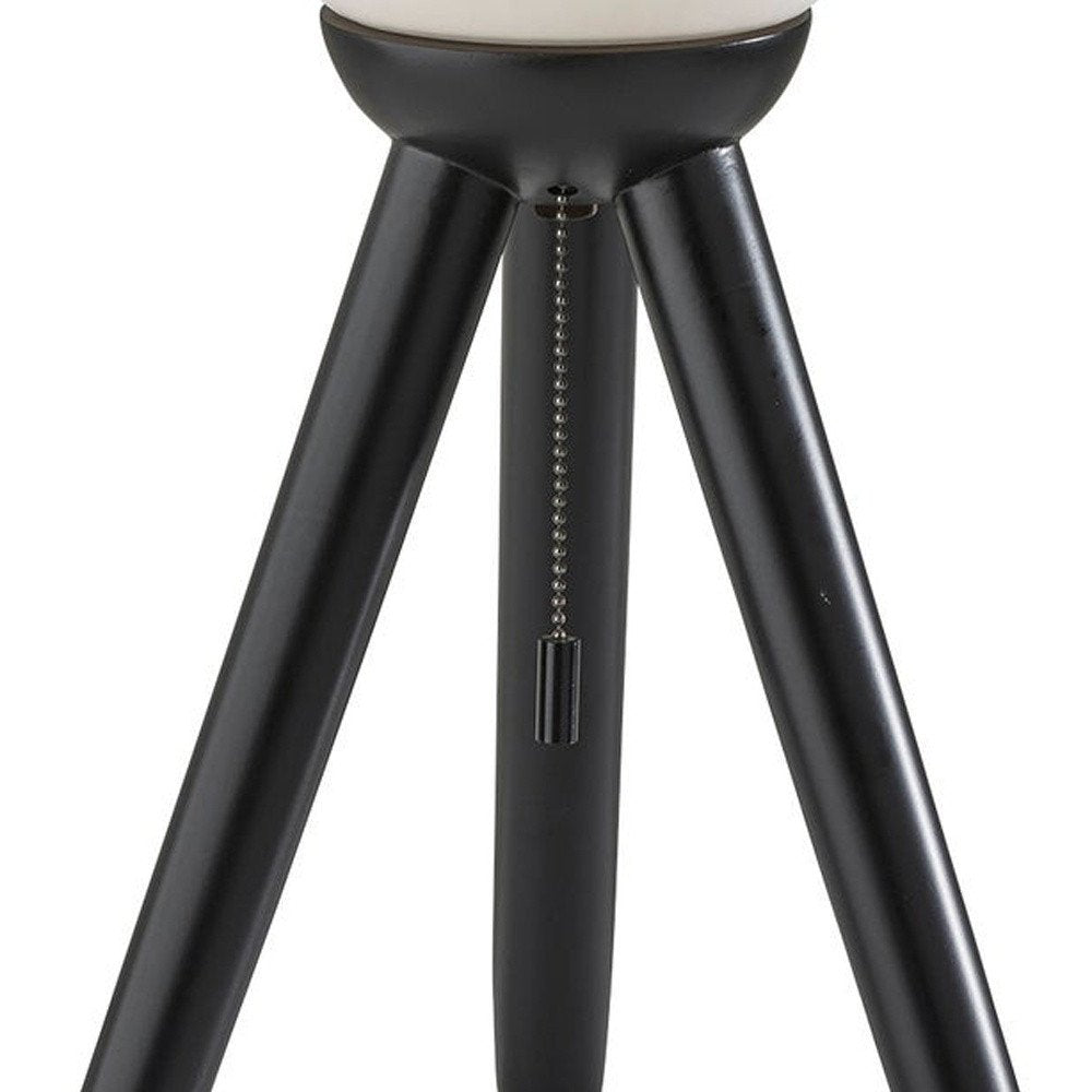 Black Wood Tripod Table Lamp with Ribbed Glass Shade