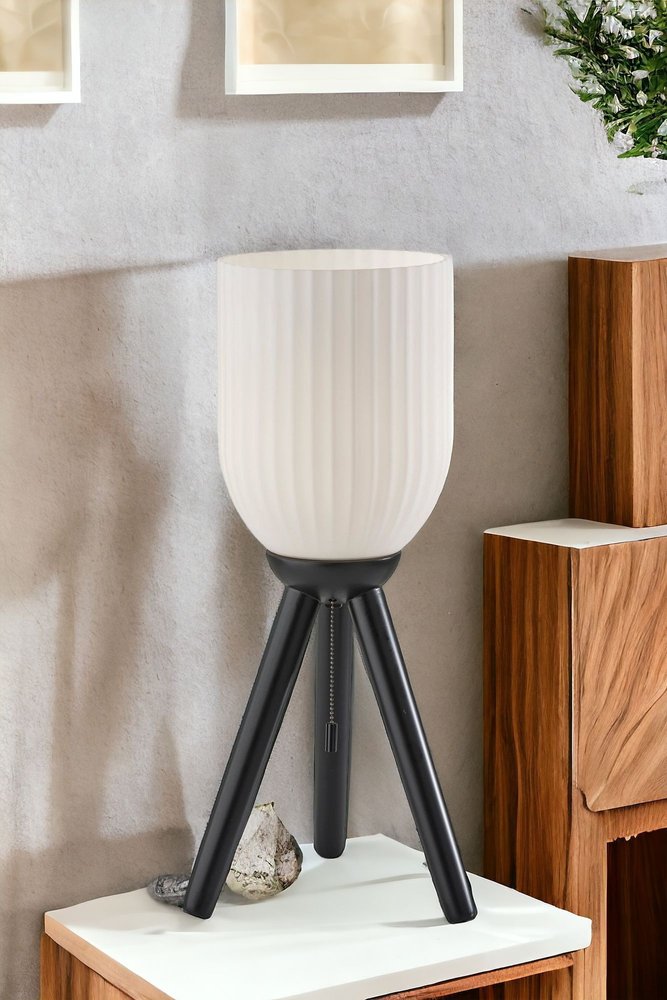 Black Wood Tripod Table Lamp with Ribbed Glass Shade