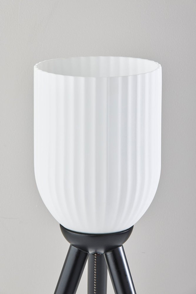 Black Wood Tripod Table Lamp with Ribbed Glass Shade