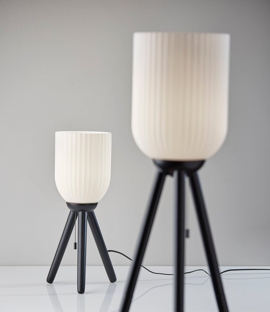 Black Wood Tripod Table Lamp with Ribbed Glass Shade