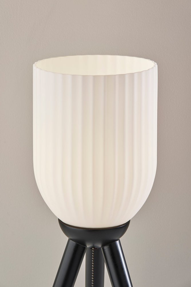 Black Wood Tripod Table Lamp with Ribbed Glass Shade