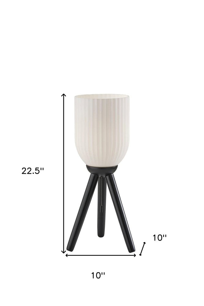 Black Wood Tripod Table Lamp with Ribbed Glass Shade