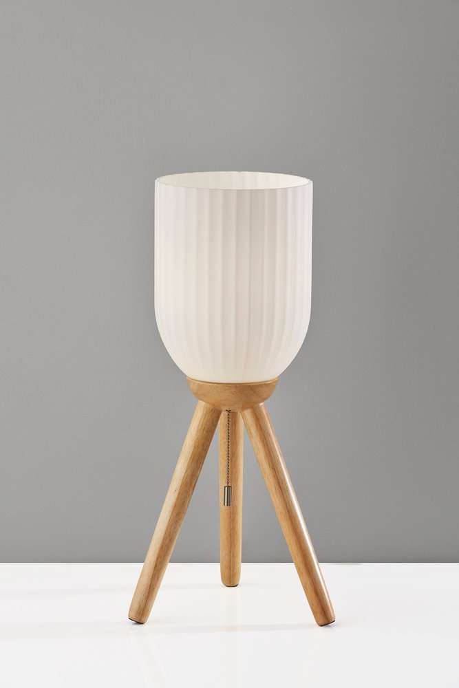Natural Wood Tripod Table Lamp with Ribbed Glass Shade