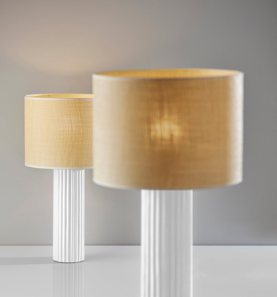 White Ceramic Cylinder Table Lamp with Beige Drum Shade