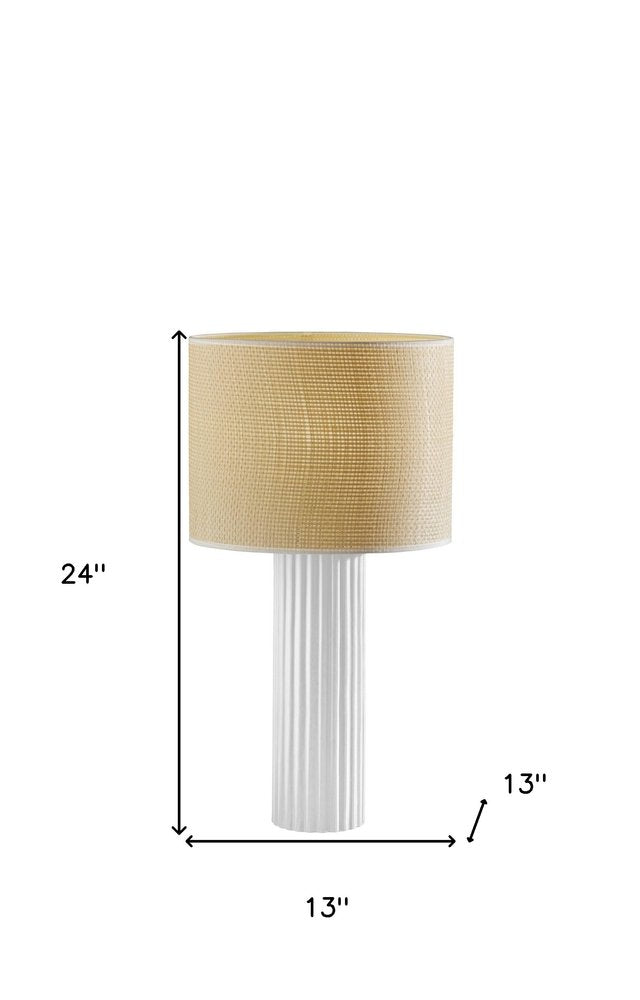 White Ceramic Cylinder Table Lamp with Beige Drum Shade
