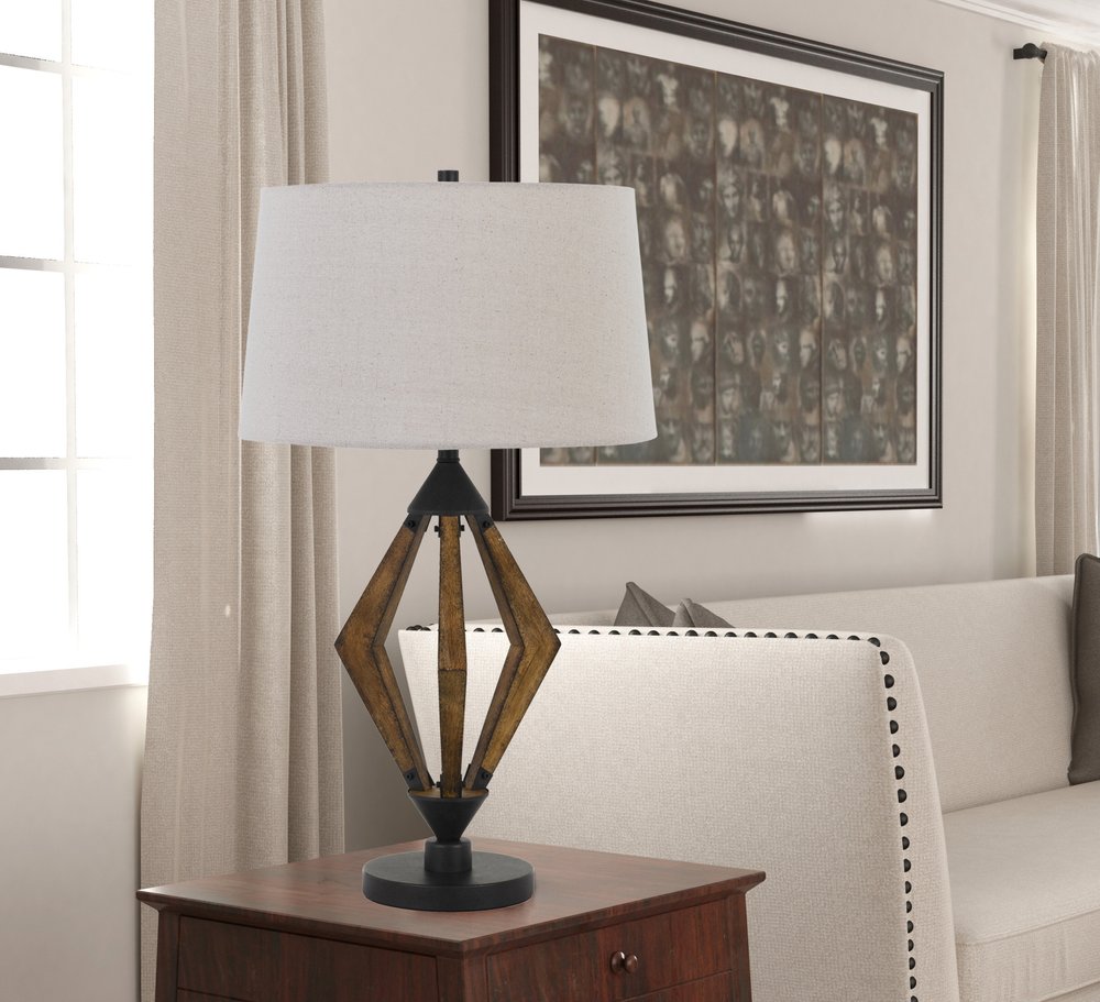 Black Metal Lantern Table Lamp With Gray Empire Shade
