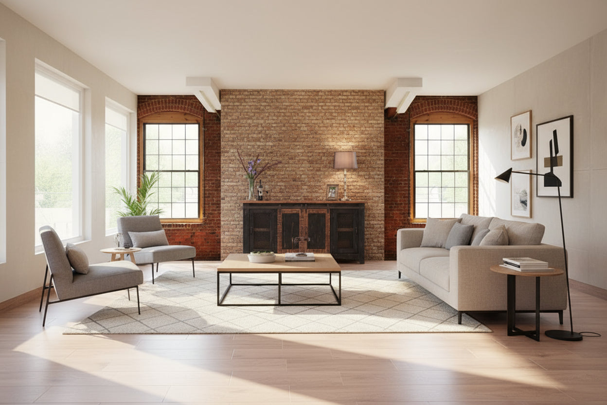 Rustic wooden sideboard with decorative items against a brick wall.
