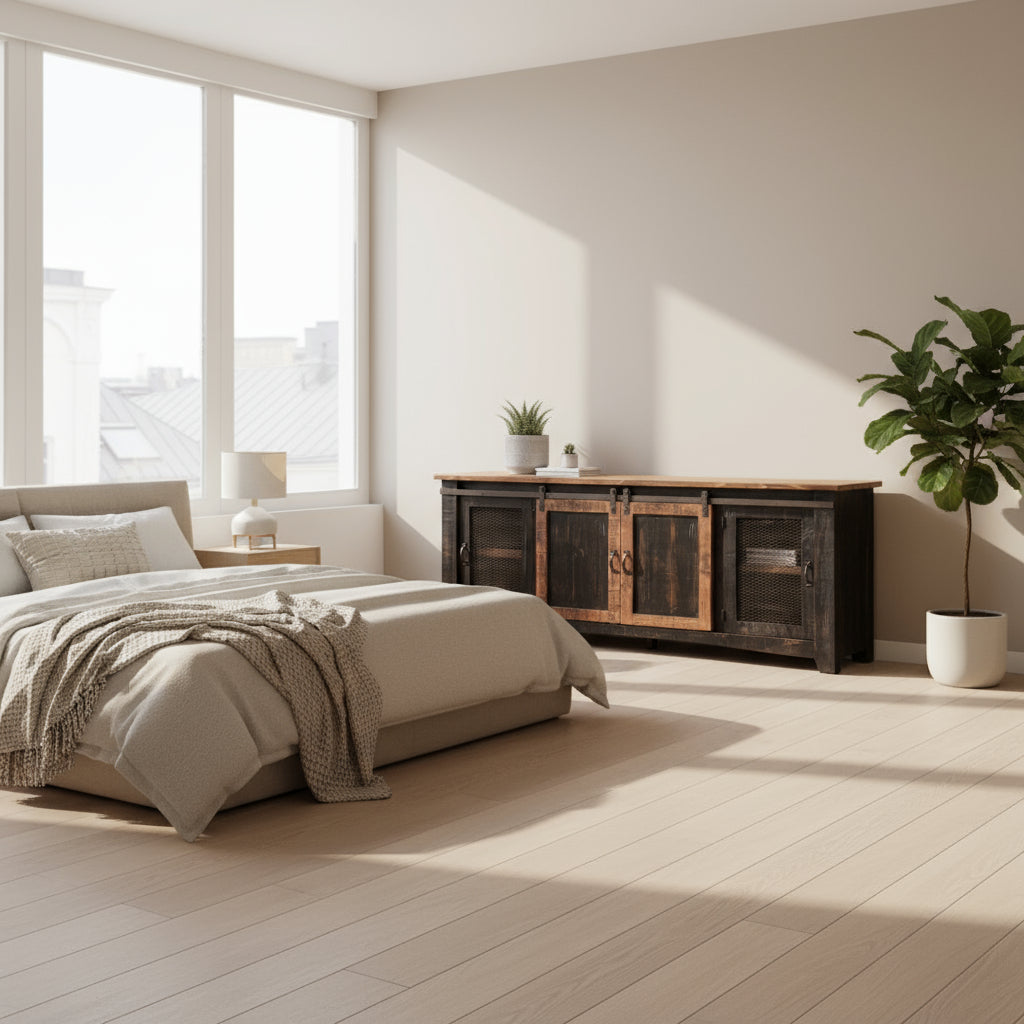 Modern bedroom with wooden dresser, bed, and large windows.