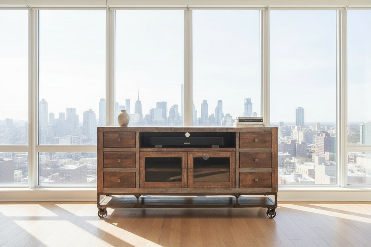 Wooden TV stand with a television mounted on a wall with a colorful bird mural.