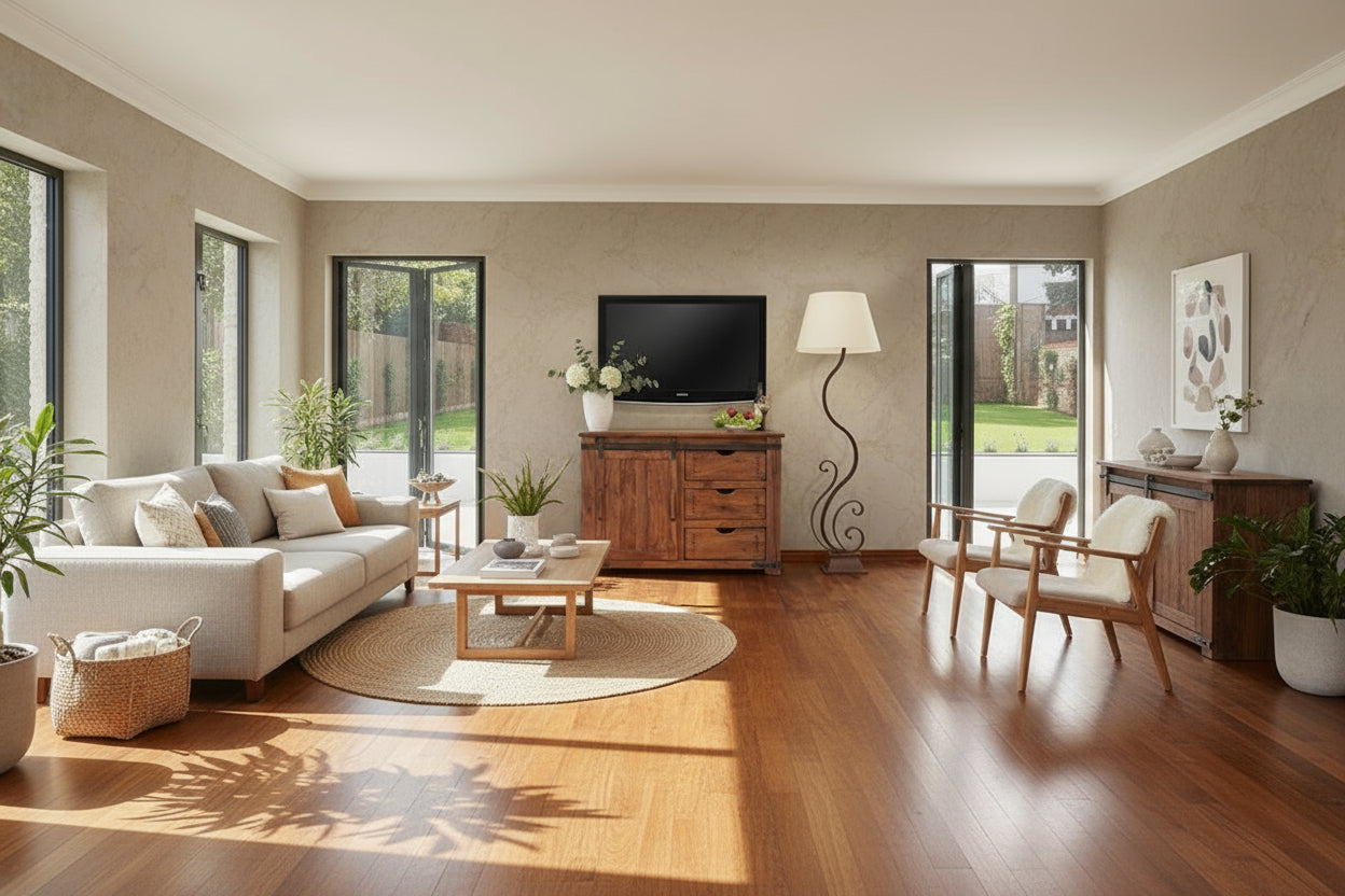 Wooden entertainment console with TV and decorative items in a room with large windows.