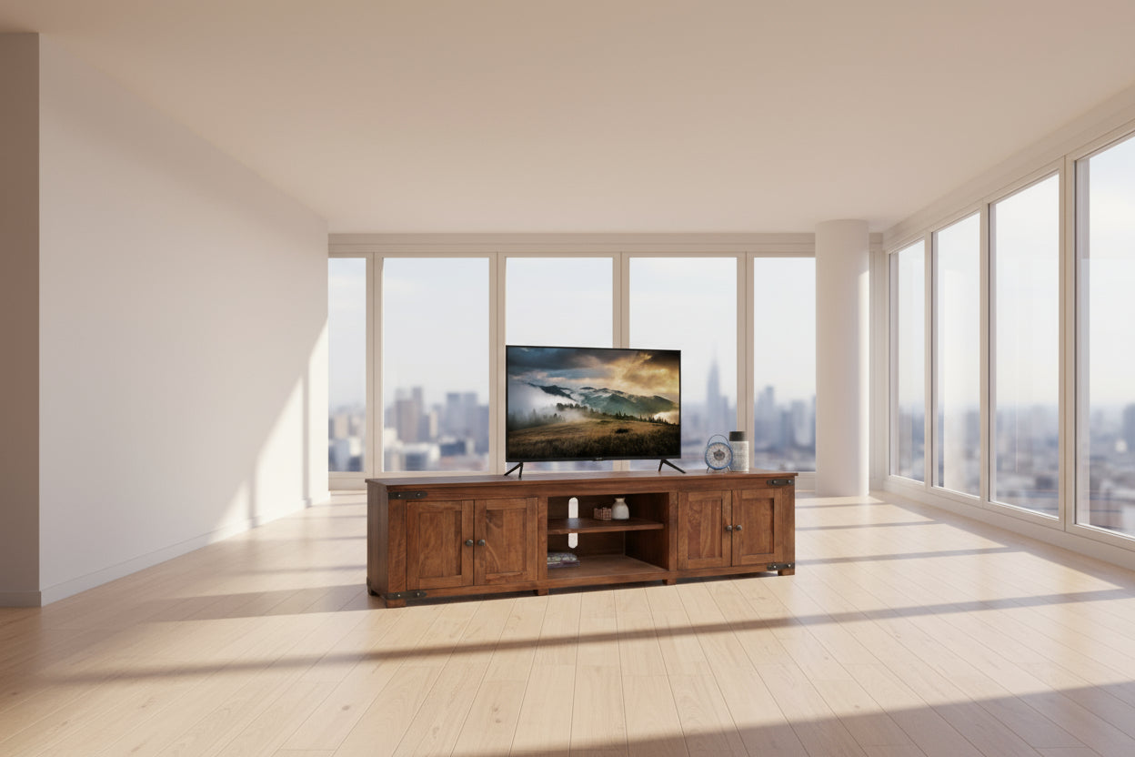 Wooden TV stand with a mountain landscape TV screen, surrounded by plants against a brick wall.