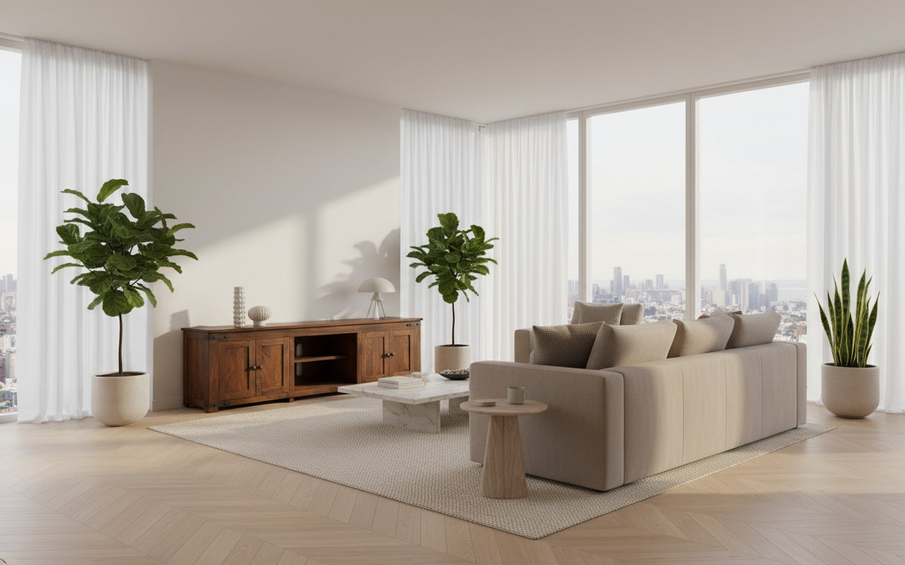 Wooden TV stand with multiple shelves and closed cabinets on a white background