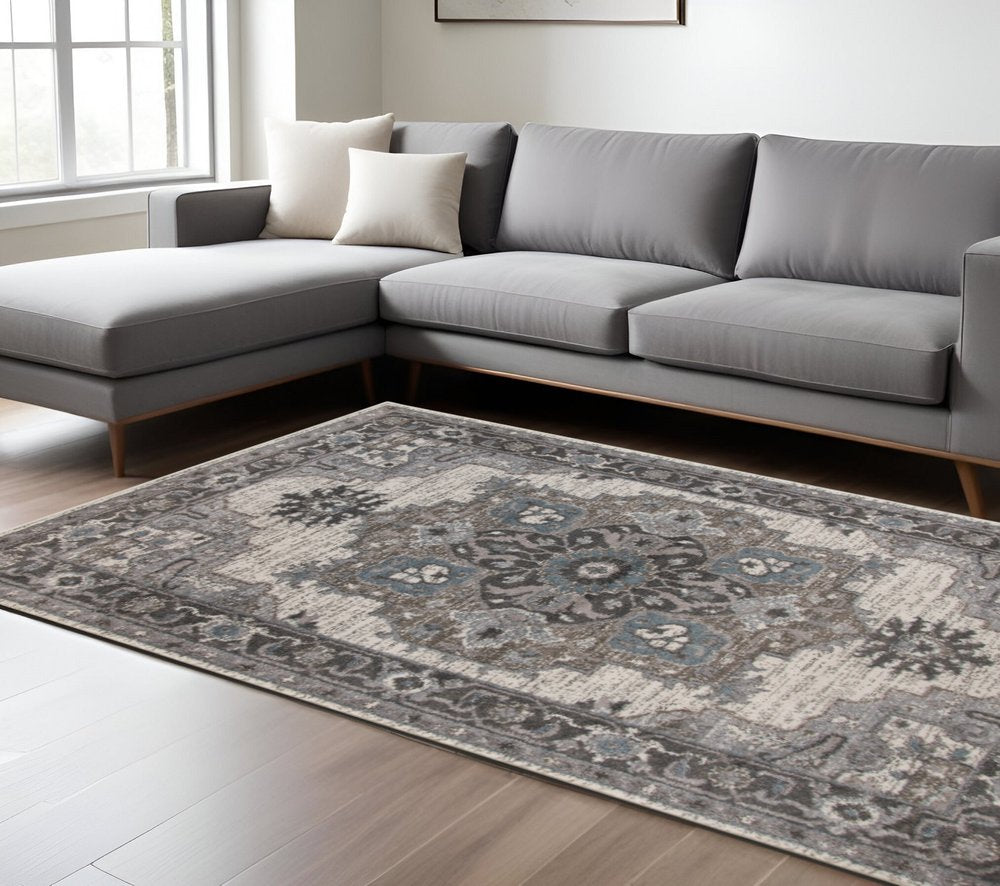 Ivory Taupe Gray Medallion Power Loom Area Rug - 8x10 | AUREMI