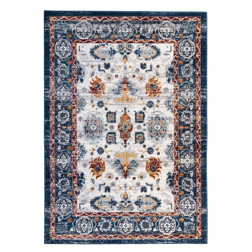 8' X 10' Ivory Navy and Orange Floral Power Loom Area Rug