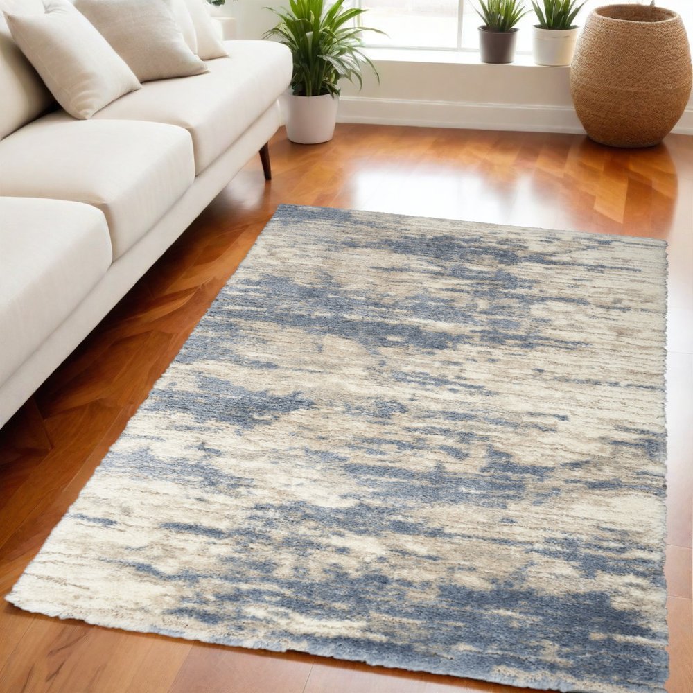Light Blue Gray and Beige Abstract Shag Area Rug