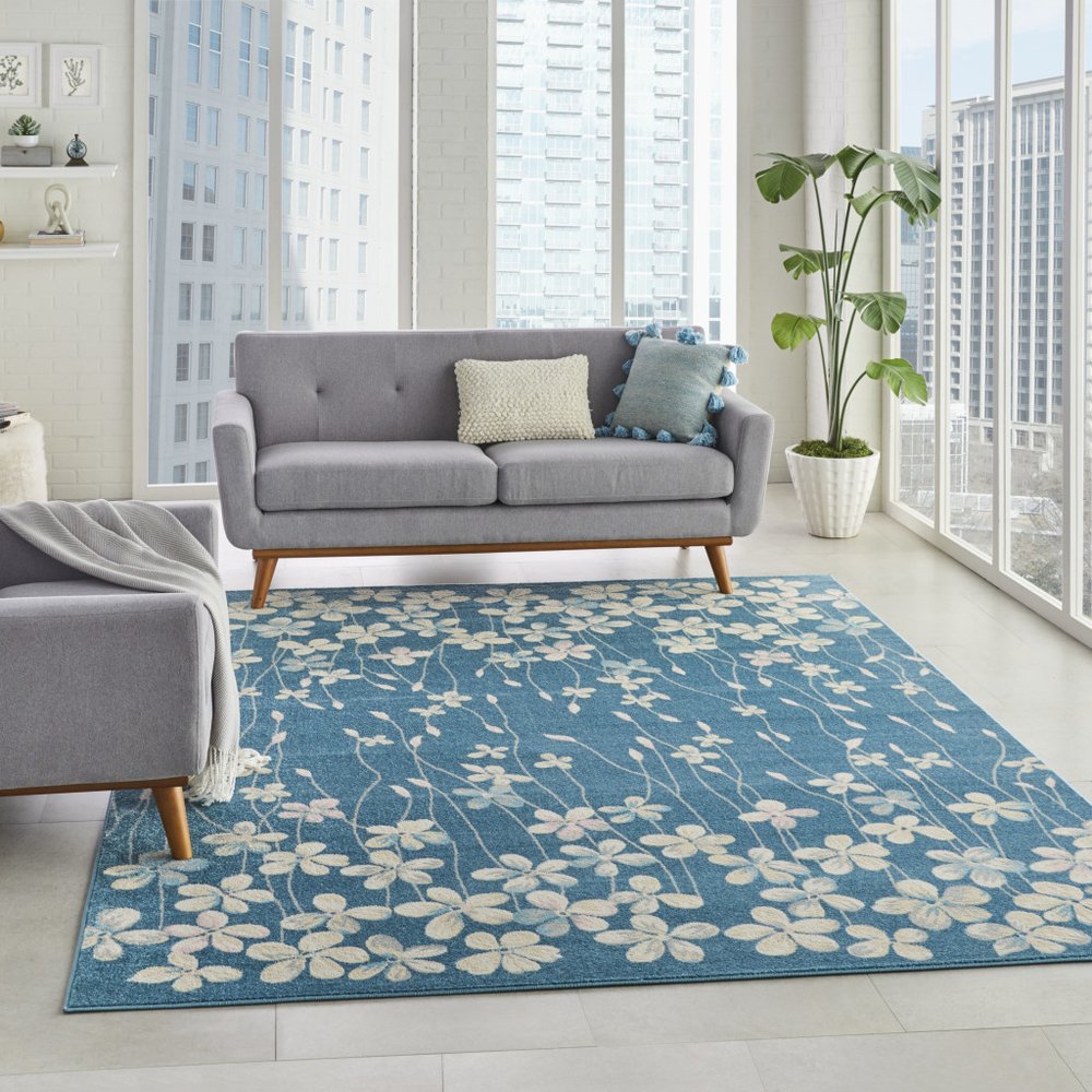 Turquoise and Cream Floral Area Rug