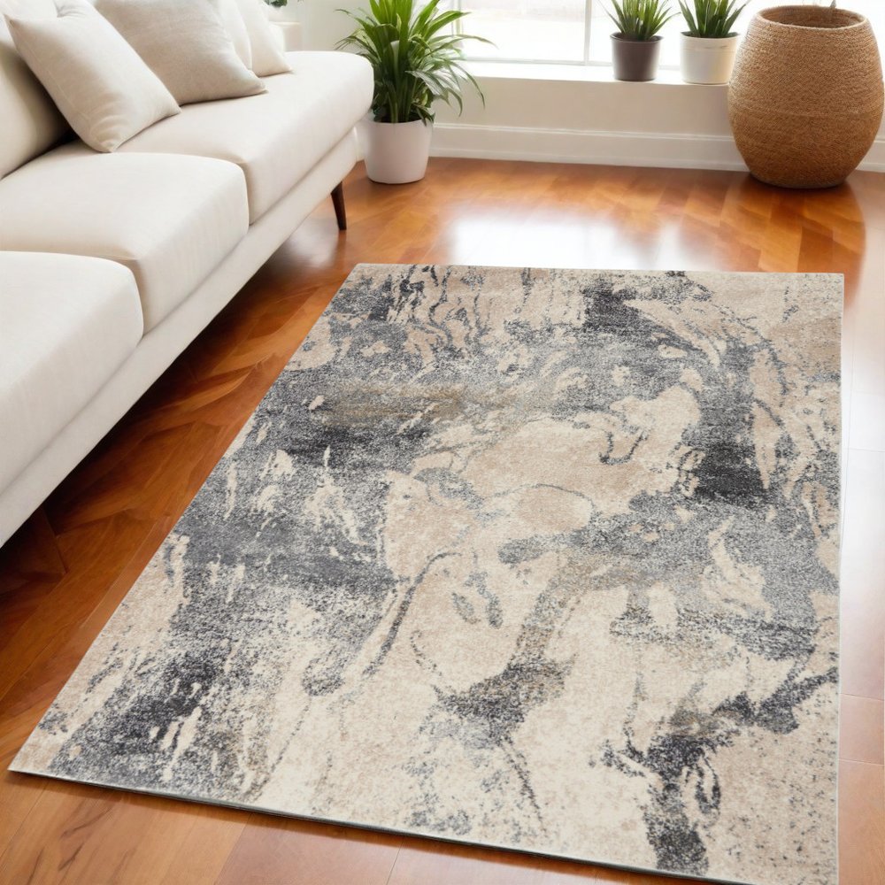 Cream & Gray Abstract Distressed Rug - Modern Minimalist