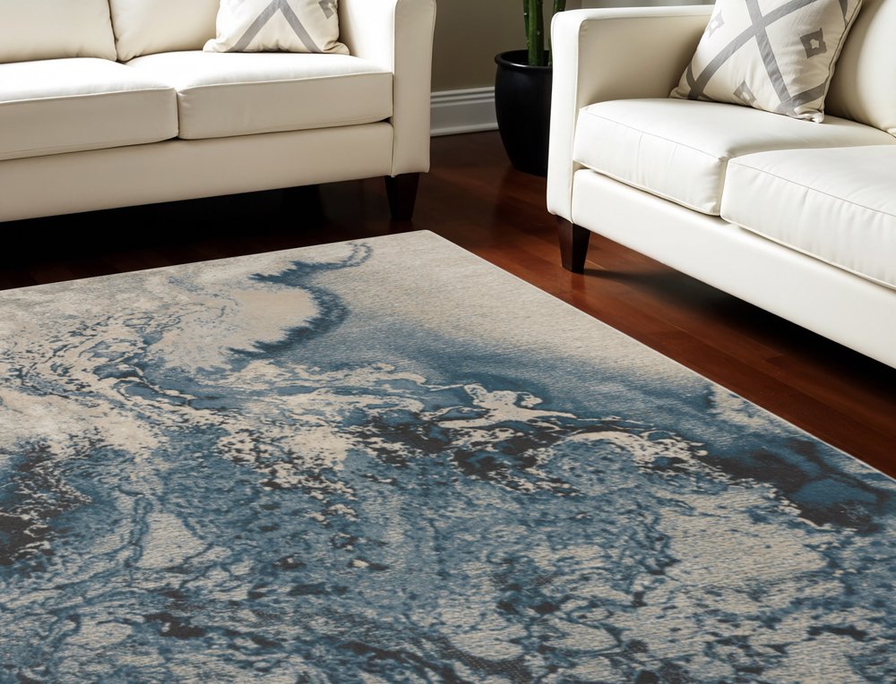 Ivory Teal Blue Black Abstract Non-Skid Area Rug - 7x10 | AUREMI