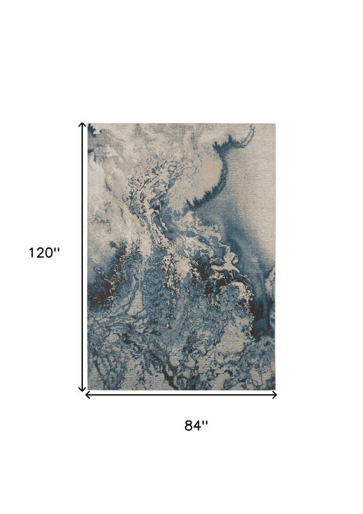 Ivory Teal Blue Black Abstract Non-Skid Area Rug - 7x10 | AUREMI