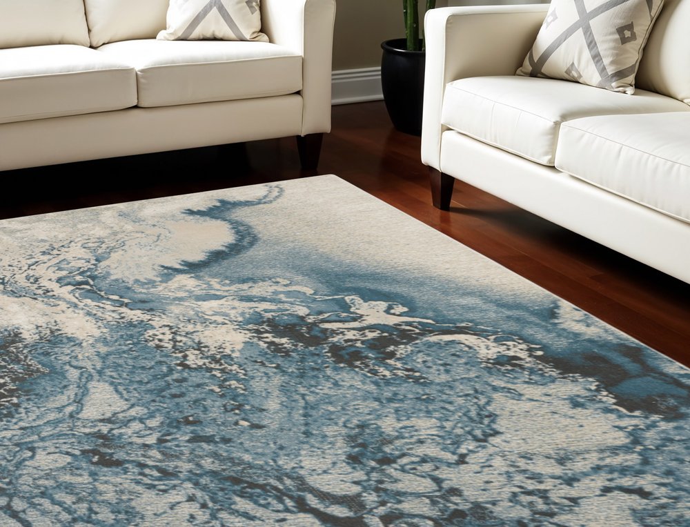 Ivory Teal Blue Black Abstract Non-Skid Area Rug - 7x10 | AUREMI