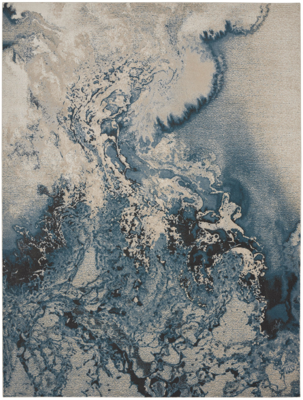 Ivory Teal Blue Black Abstract Non-Skid Area Rug - 7x10 | AUREMI