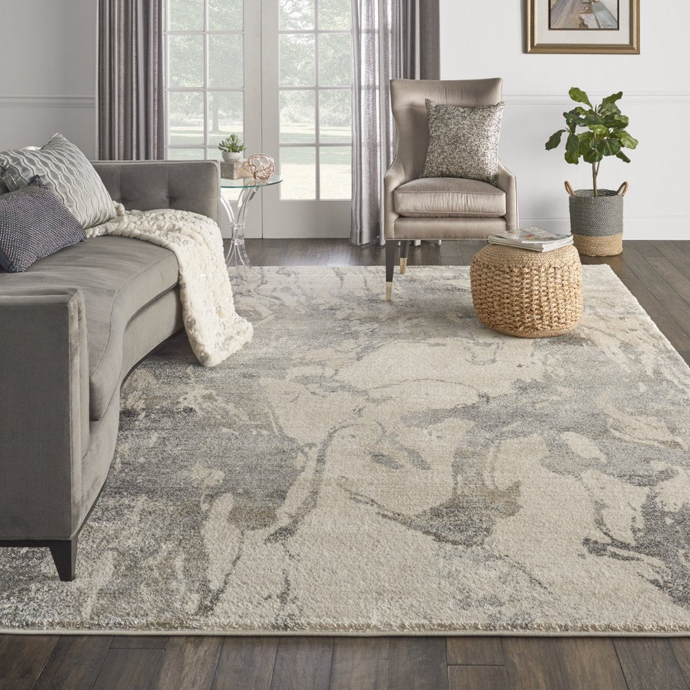 Cream & Gray Abstract Distressed Rug - Modern Minimalist