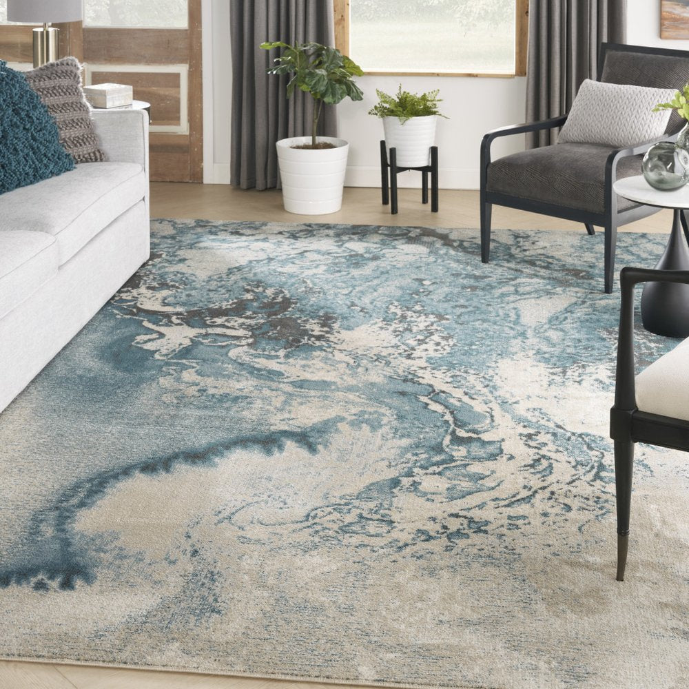 Ivory Teal Blue Black Abstract Non-Skid Area Rug - 7x10 | AUREMI