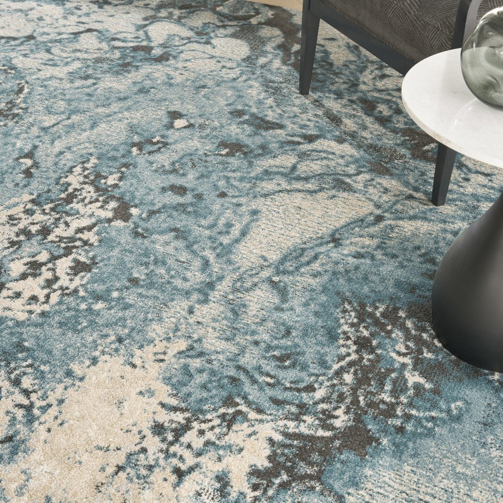 Ivory Teal Blue Black Abstract Non-Skid Area Rug - 7x10 | AUREMI