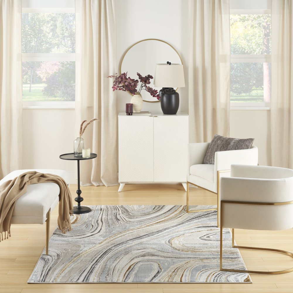 4' X 6' Ivory Gold and Gray Abstract Non Skid Area Rug