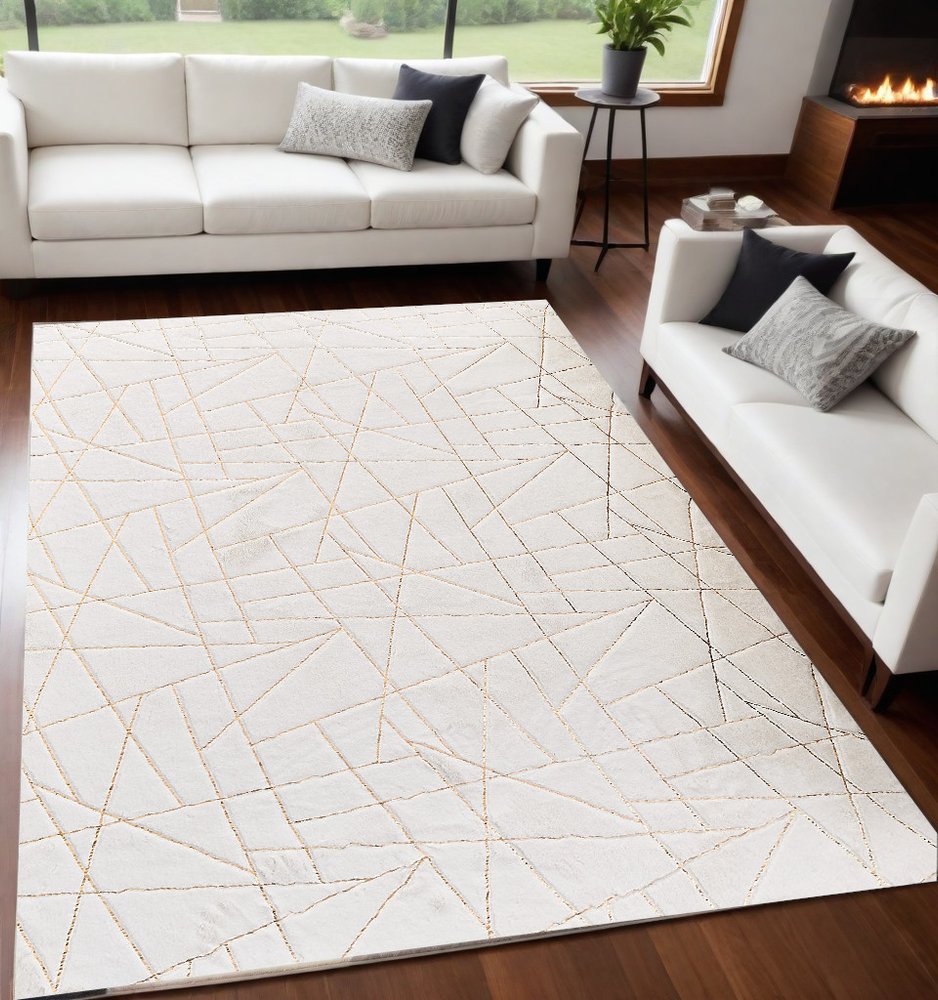 White Gold Faux Sheepskin Geometric Area Rug - 6x9 Washable | AUREMI