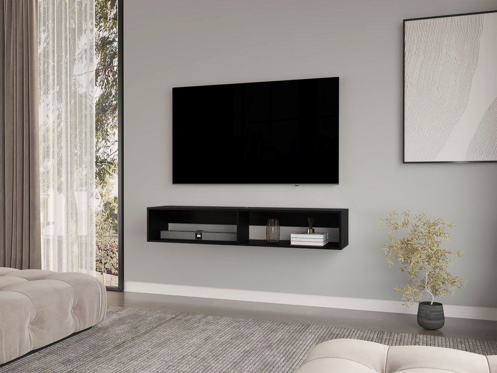 Modern living room with a television mounted on the wall and a floating shelf below.