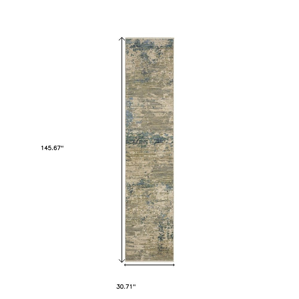Beige & Blue Abstract Runner Rug - 12' Fringe Detail