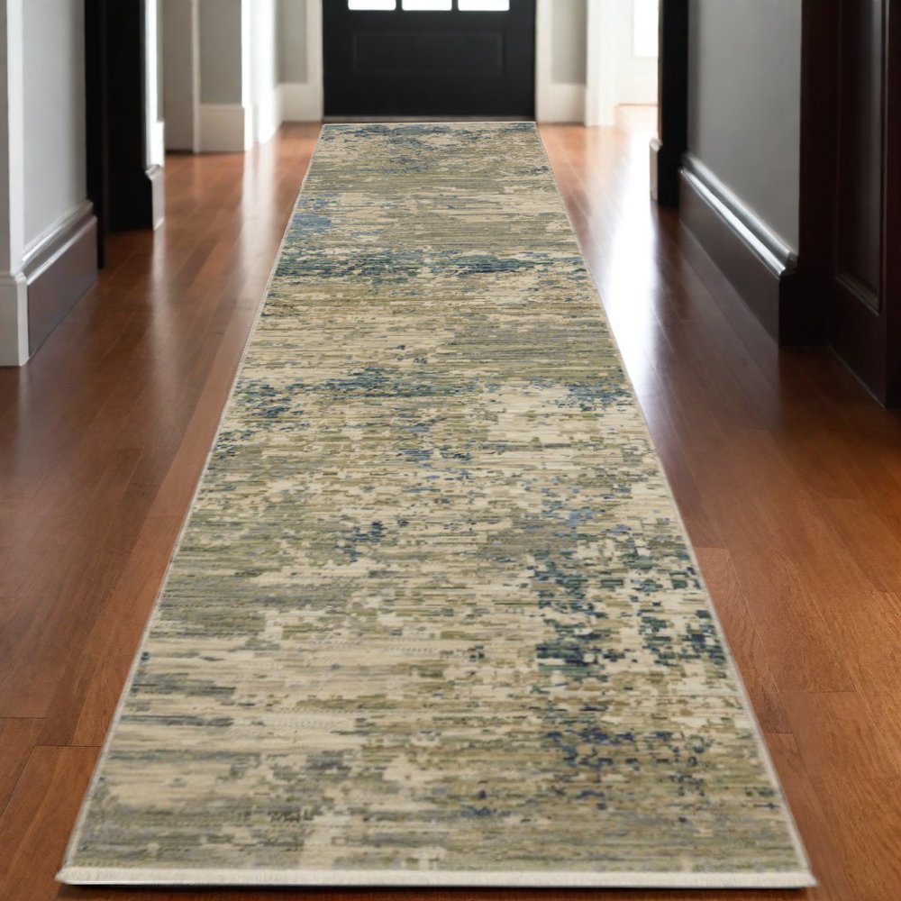 Beige & Blue Abstract Runner Rug - 12' Fringe Detail
