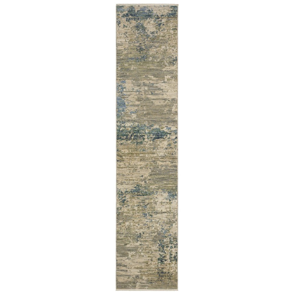 Beige & Blue Abstract Runner Rug - 12' Fringe Detail