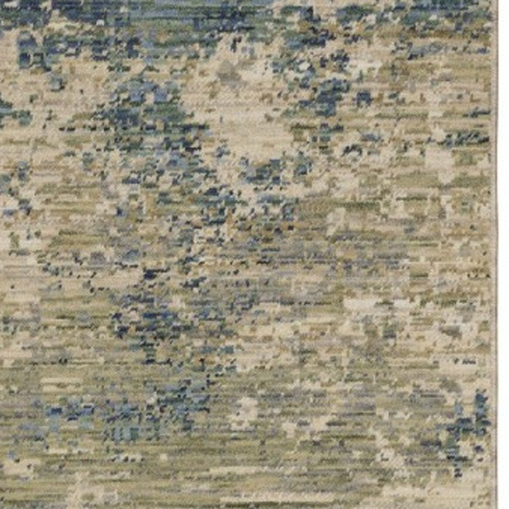 Beige & Blue Abstract Runner Rug - 12' Fringe Detail