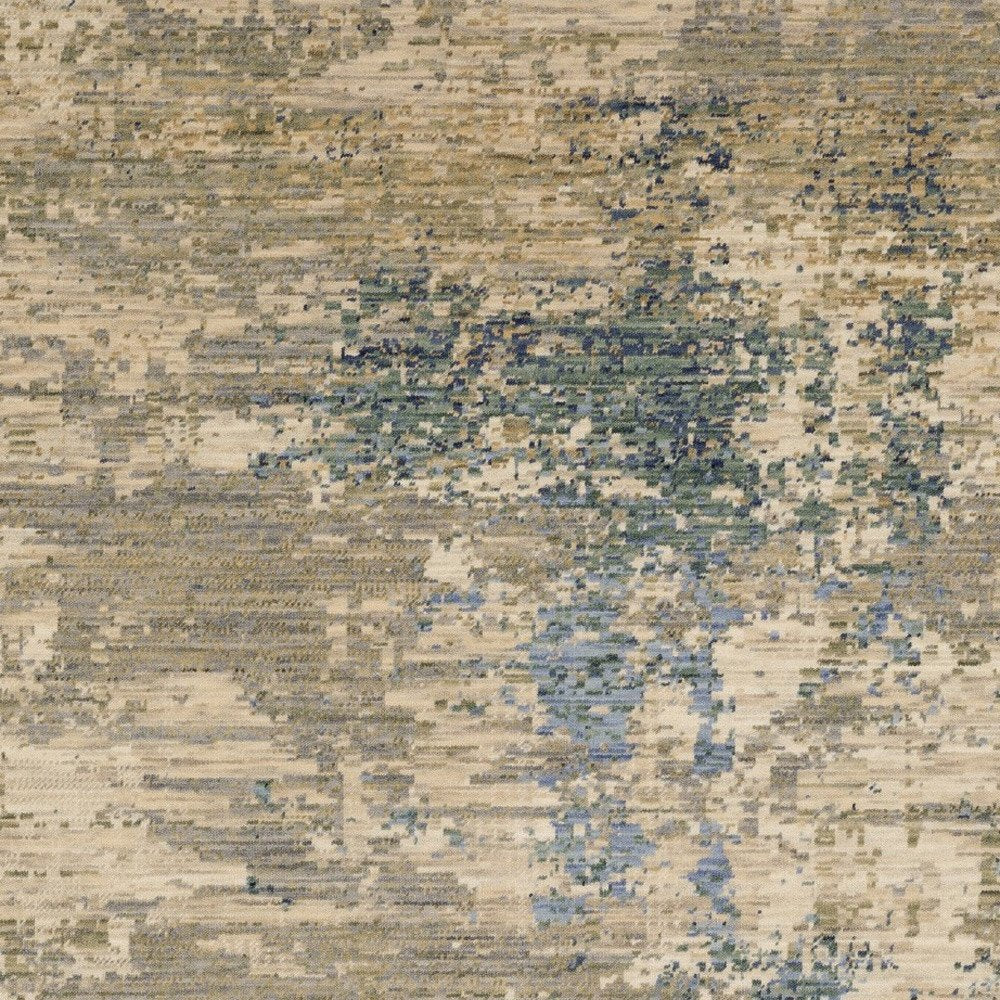 Beige & Blue Abstract Runner Rug - 12' Fringe Detail