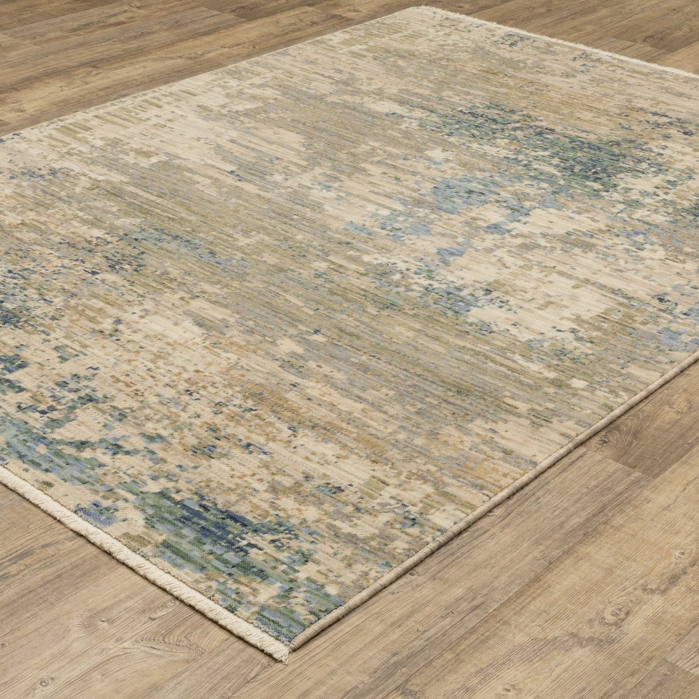 Beige & Blue Abstract Runner Rug - 12' Fringe Detail
