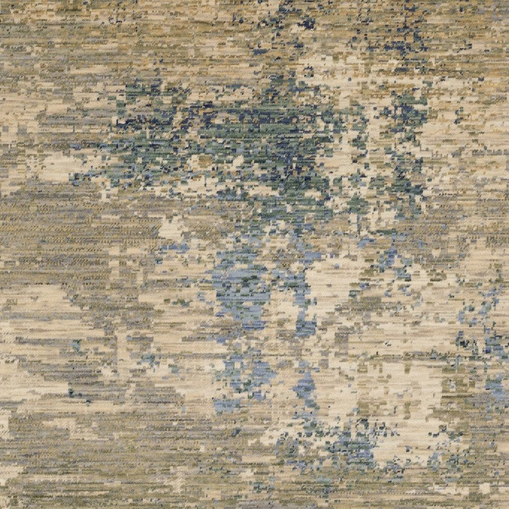 Beige & Blue Abstract Runner Rug - 12' Fringe Detail