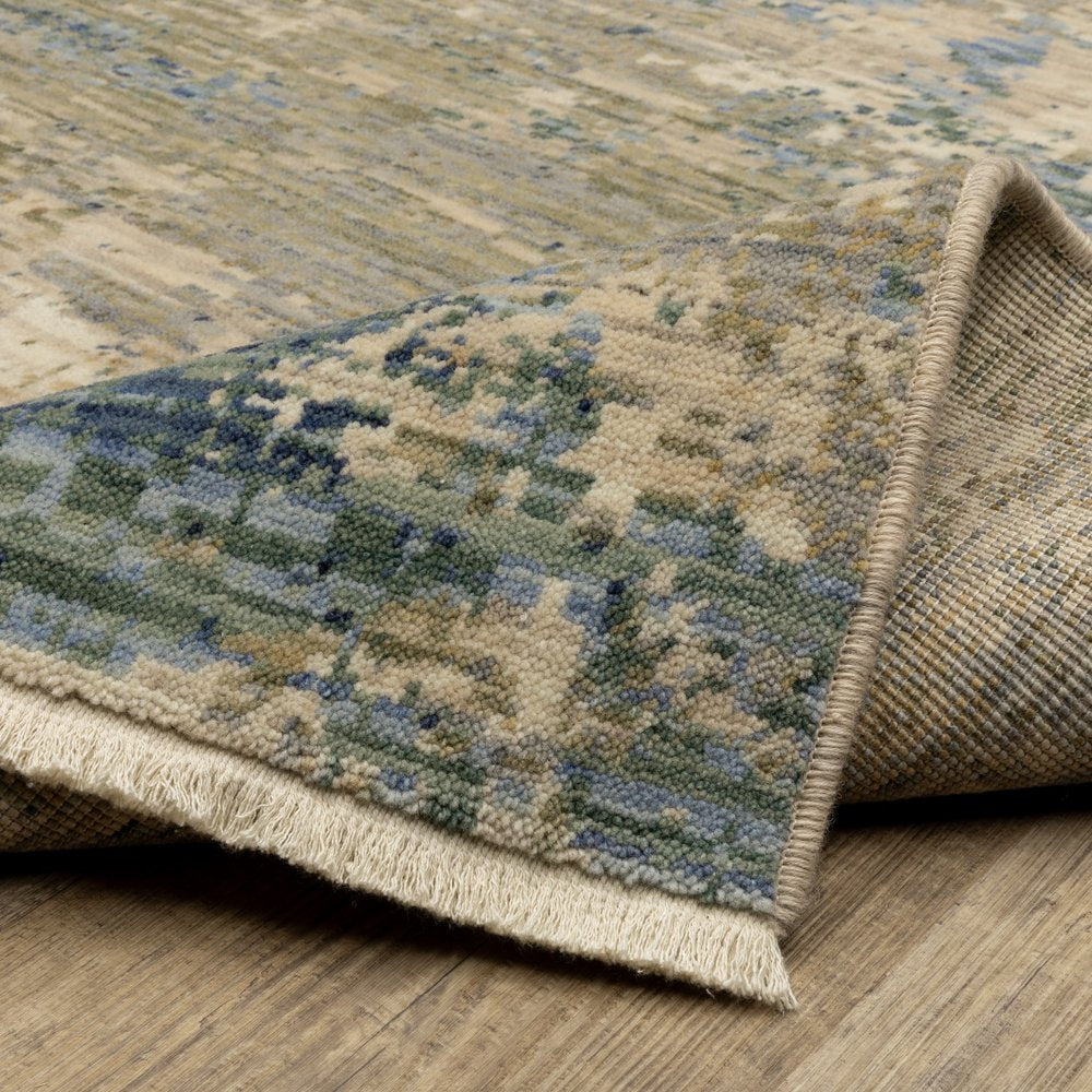 Beige & Blue Abstract Runner Rug - 12' Fringe Detail