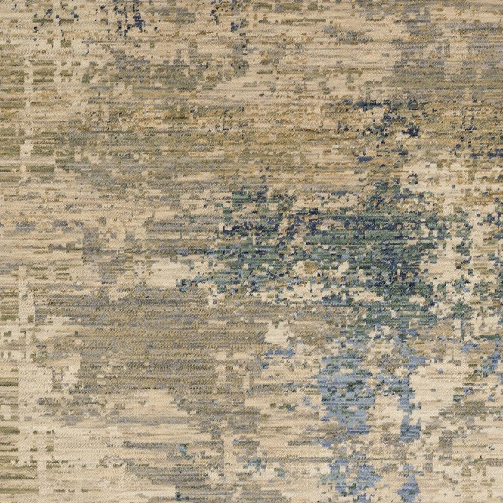 Beige & Blue Abstract Runner Rug - 12' Fringe Detail