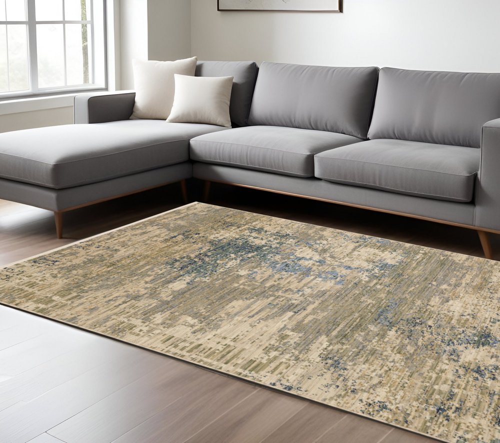 Beige & Blue Abstract Runner Rug - 12' Fringe Detail