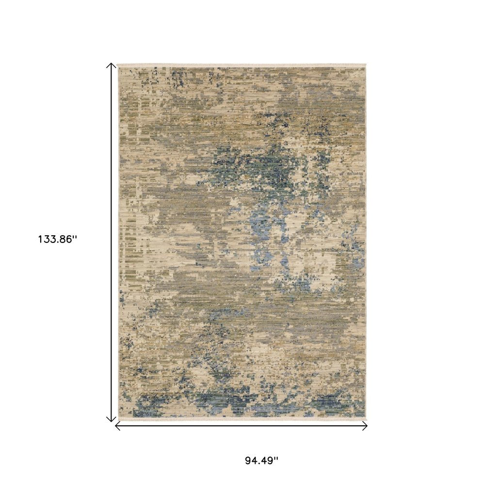Beige & Blue Abstract Runner Rug - 12' Fringe Detail