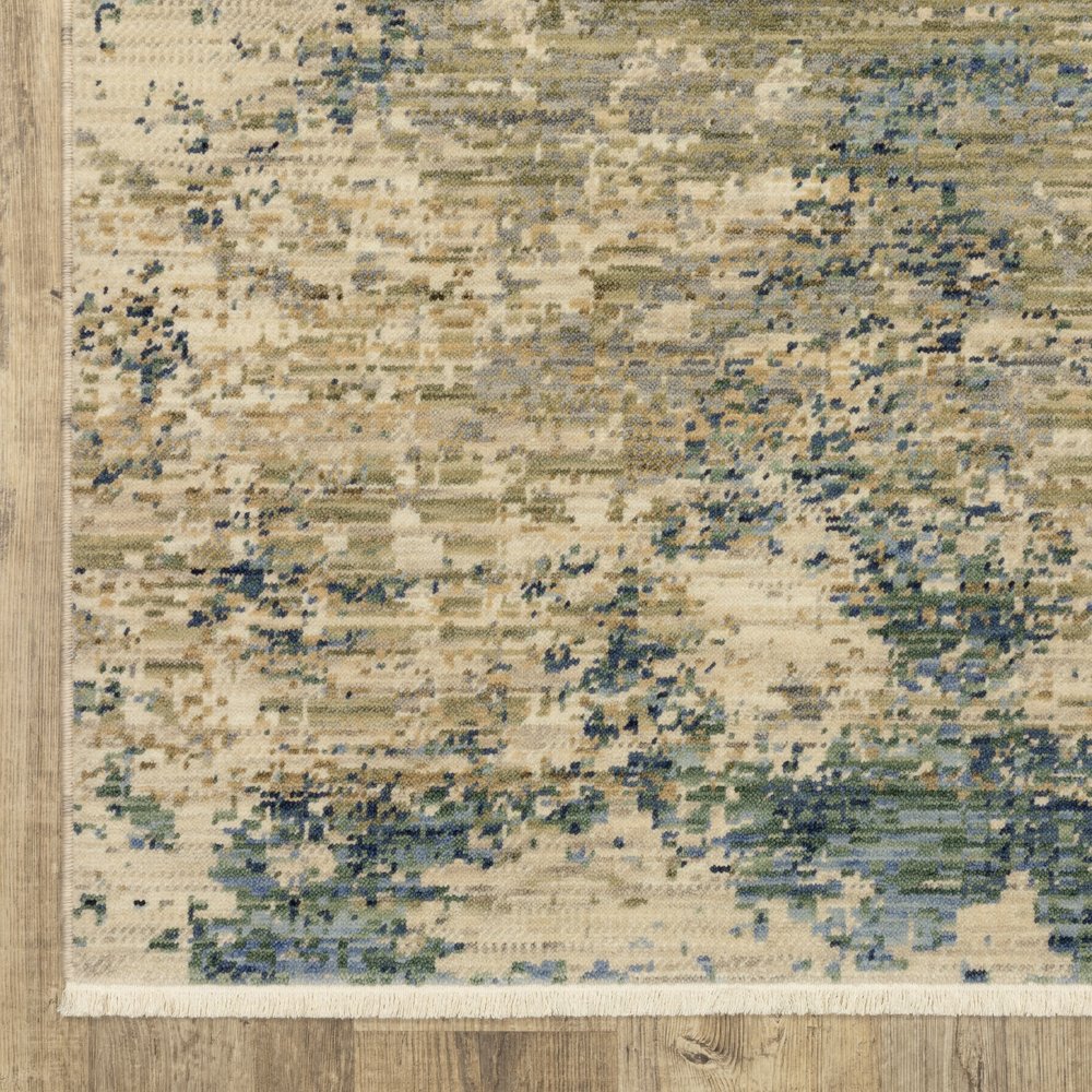 Beige & Blue Abstract Runner Rug - 12' Fringe Detail