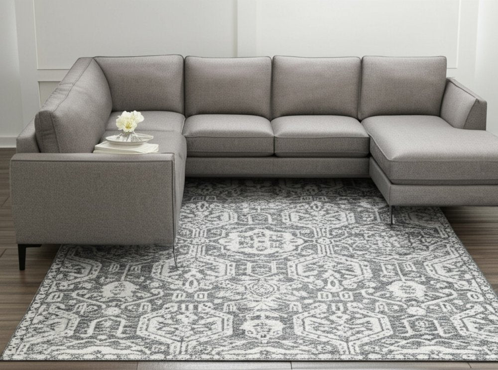 8' X 10' Gray And White Geometric Hand Tufted Area Rug