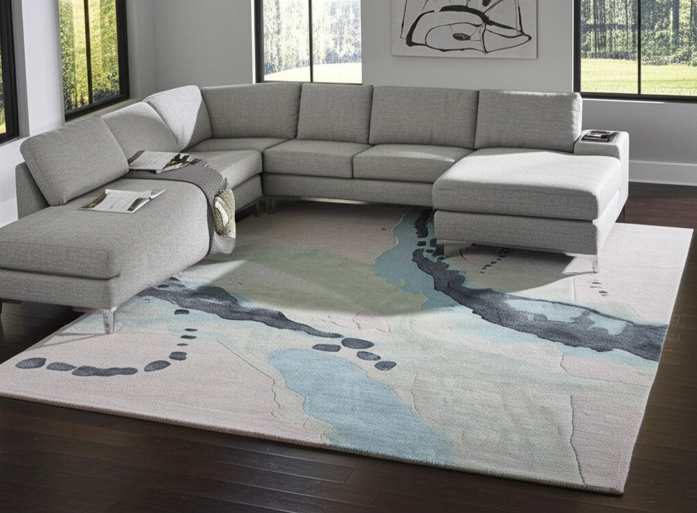 Green Blue Ivory Abstract Hand Tufted Area Rug - 8x10 Artisan | AUREMI